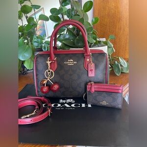 Coach Rowan Satchel in Signature Brown with Red Trim & Matching Cardholder
